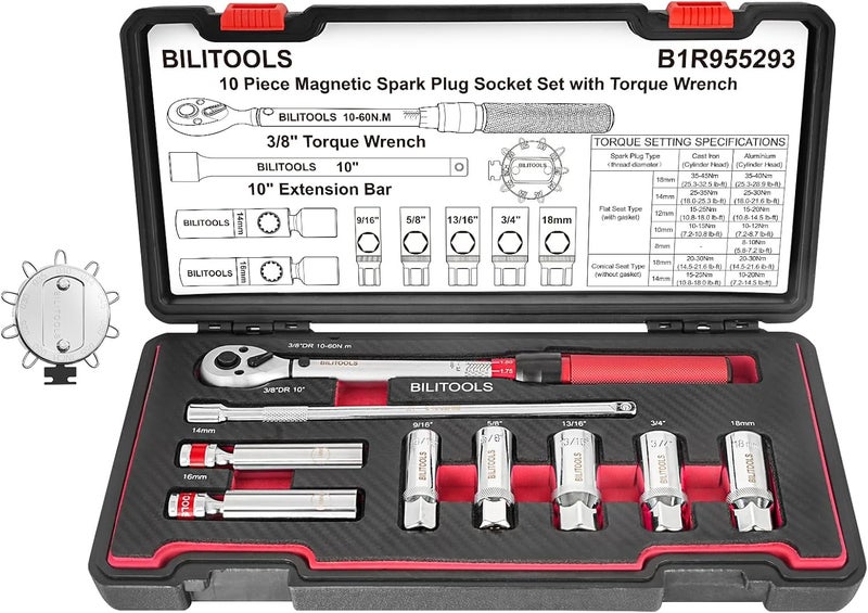 BILITOOLS 10 PCS Magnetic Spark Plug Socket Set with Click Torque Wrench & Spark Plug Gap Tool, 3/8 Inch Magnetic Sockets 9/16" 5/8" 3/4" 13/16" 14mm16mm18mm, Extension Bar, Cr-V Steel - Image 1